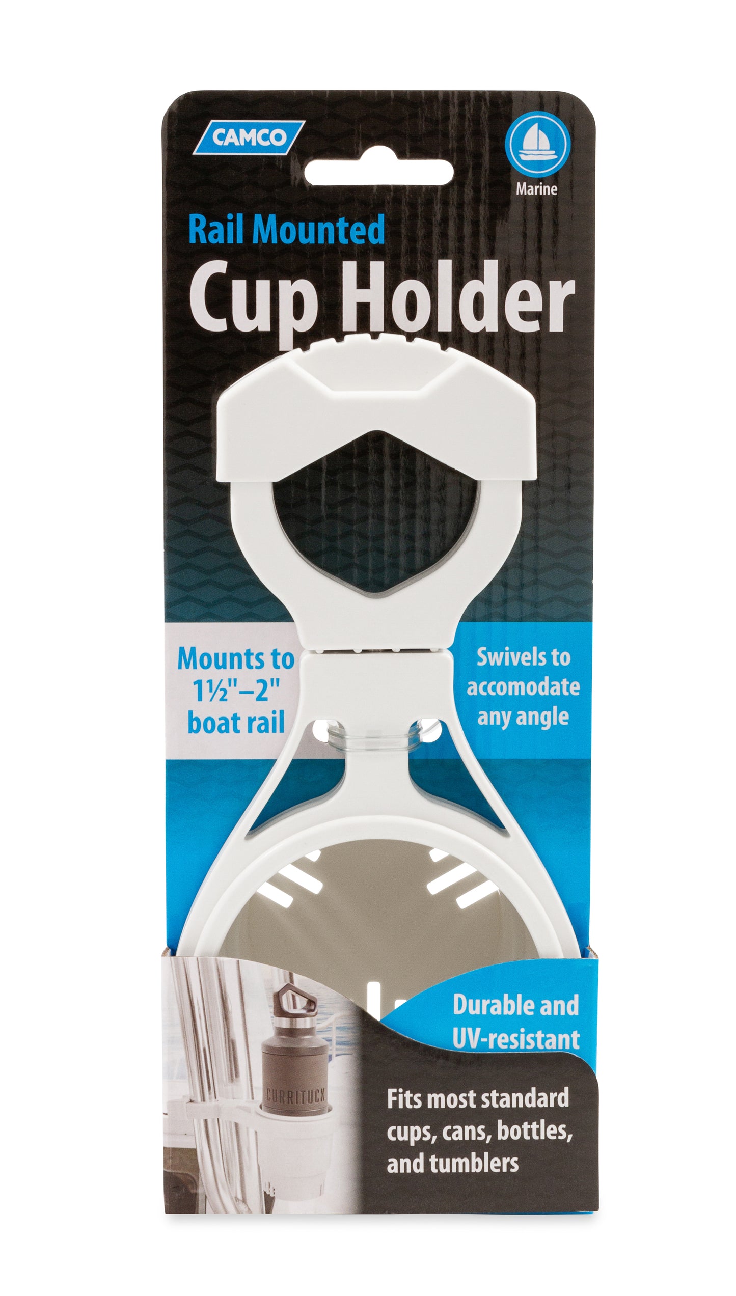 Camco Large Rail Mounted Boat Cup Holder - White