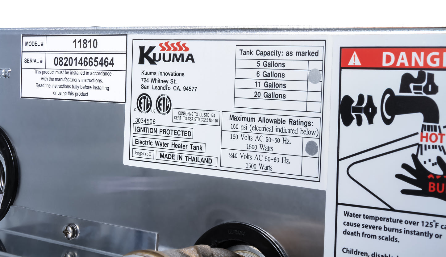 Kuuma 6 Gallon Marine Water Heater - 120V Front Heat Exchanger - Side Mount